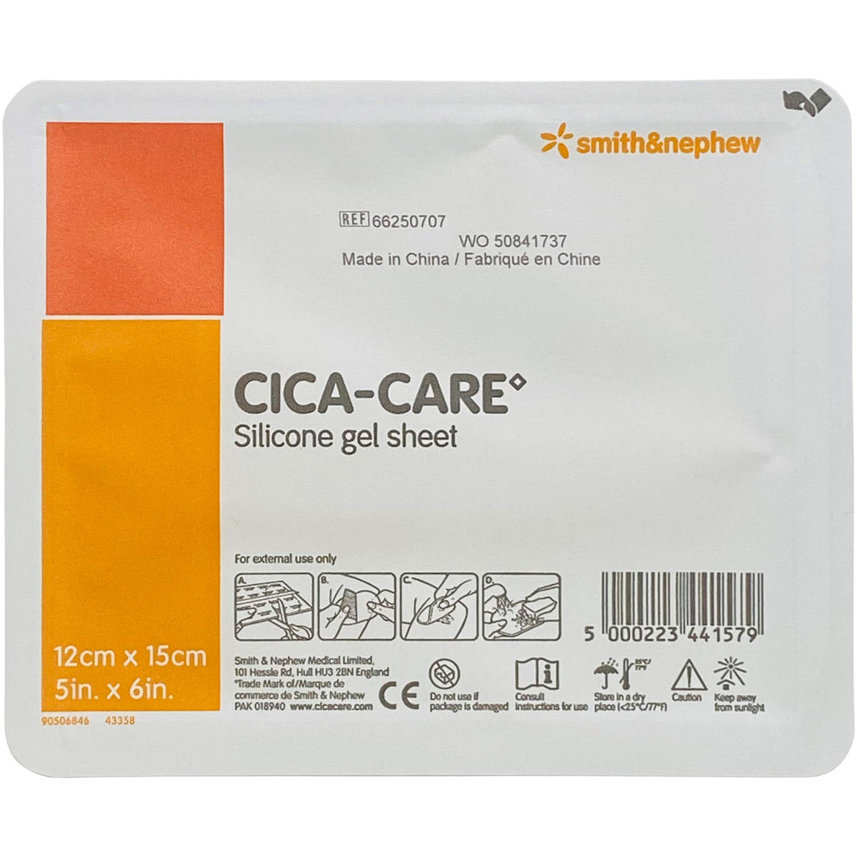 Smith & Nephew Cica-Care silicone gel sheet on skin for flexible, semi-occlusive scar care