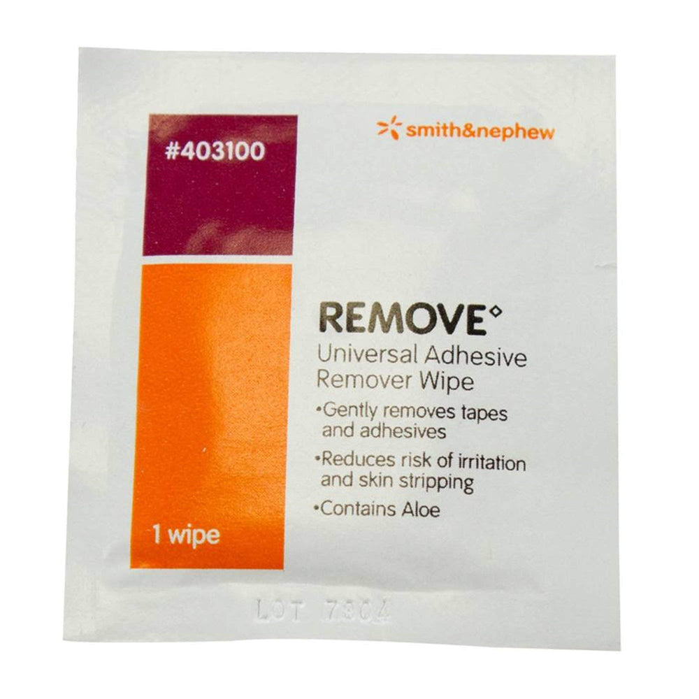 Smith and Nephew Remove Adhesive Remover Wipes packaging shown for easy, gentle residue cleanup.