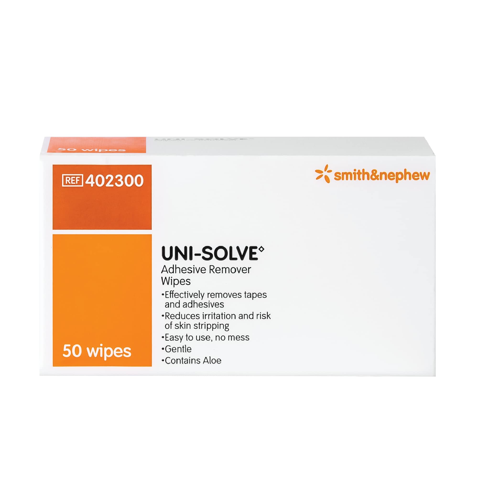 Smith & Nephew UNI-SOLVE wipes pack for on-the-go adhesive removal with aloe soothing formula.