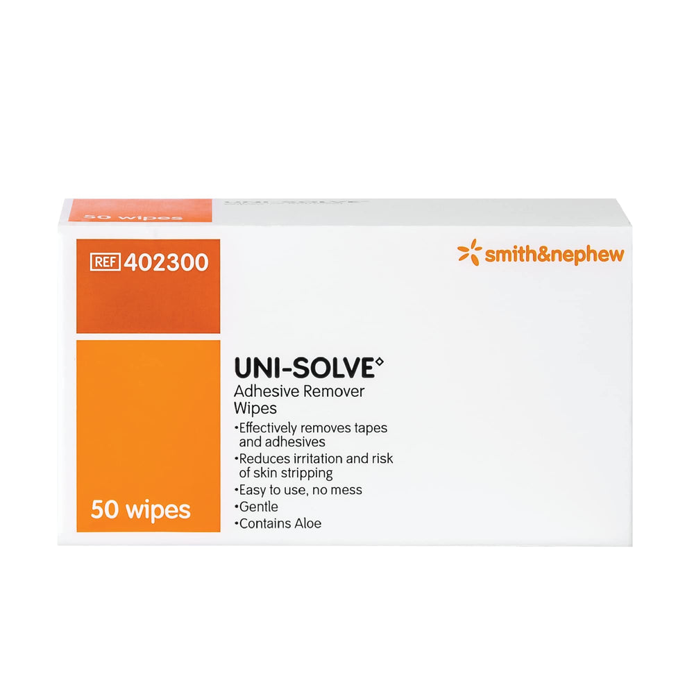 Smith & Nephew UNI-SOLVE wipes pack for on-the-go adhesive removal with aloe soothing formula.