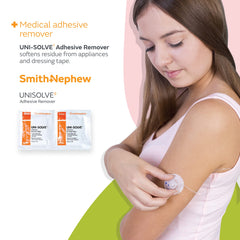 Smith & Nephew UNI-SOLVE residue-dissolve action demonstrating adhesive removal without harsh residues.