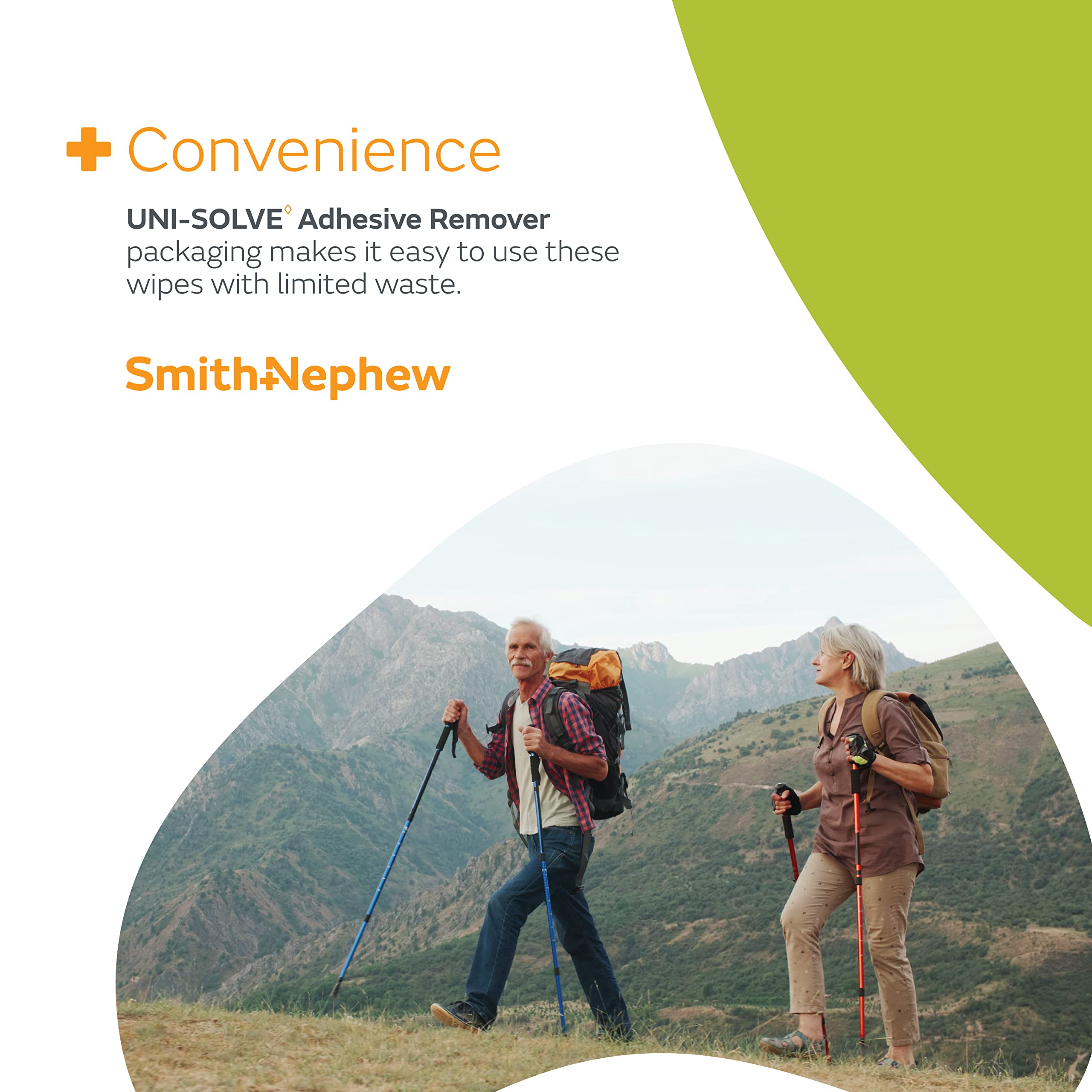 Smith & Nephew UNI-SOLVE wipes on skin illustrating gentle cleansing after removal.