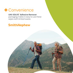 Smith & Nephew UNI-SOLVE wipes on skin illustrating gentle cleansing after removal.