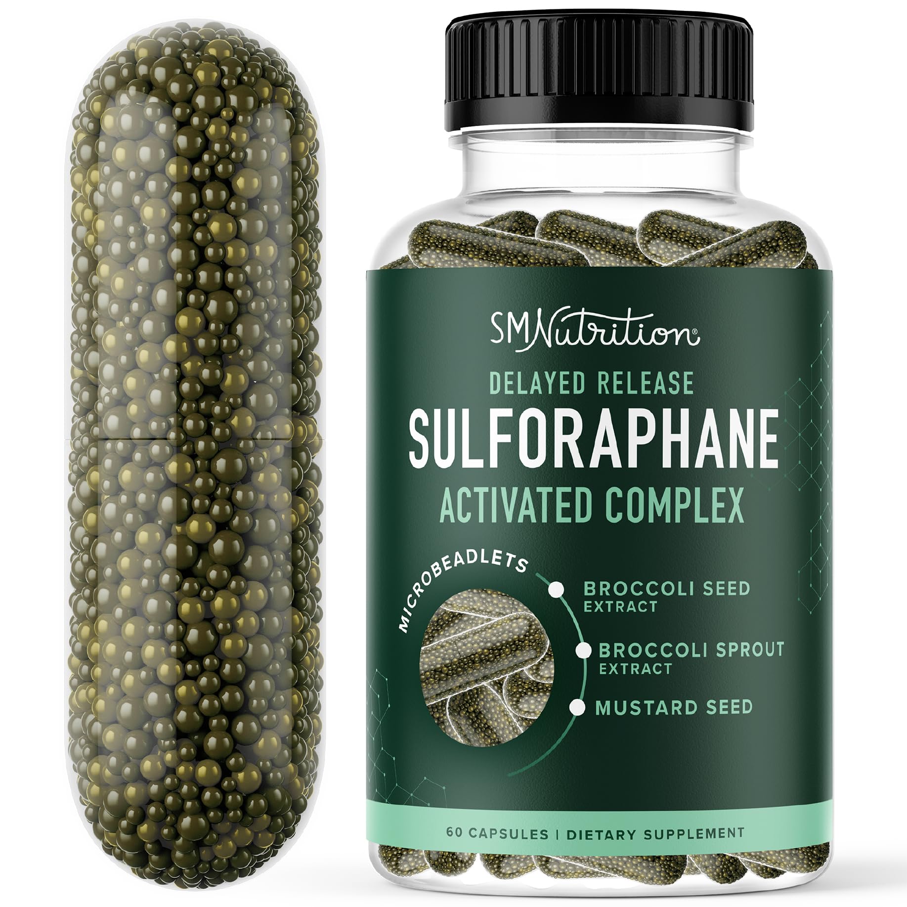 SMNutrition 50mg sulforaphane bottle pour for easy daily dosing.