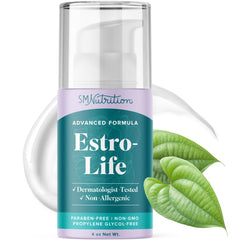 SMNutrition Estro-Life bottle demonstrates fragrance-free daily skin care for comfort.