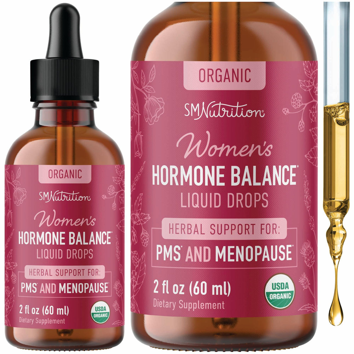SMNutrition Hormone Balance Liquid Drops bottle on wood for easy herbal support.