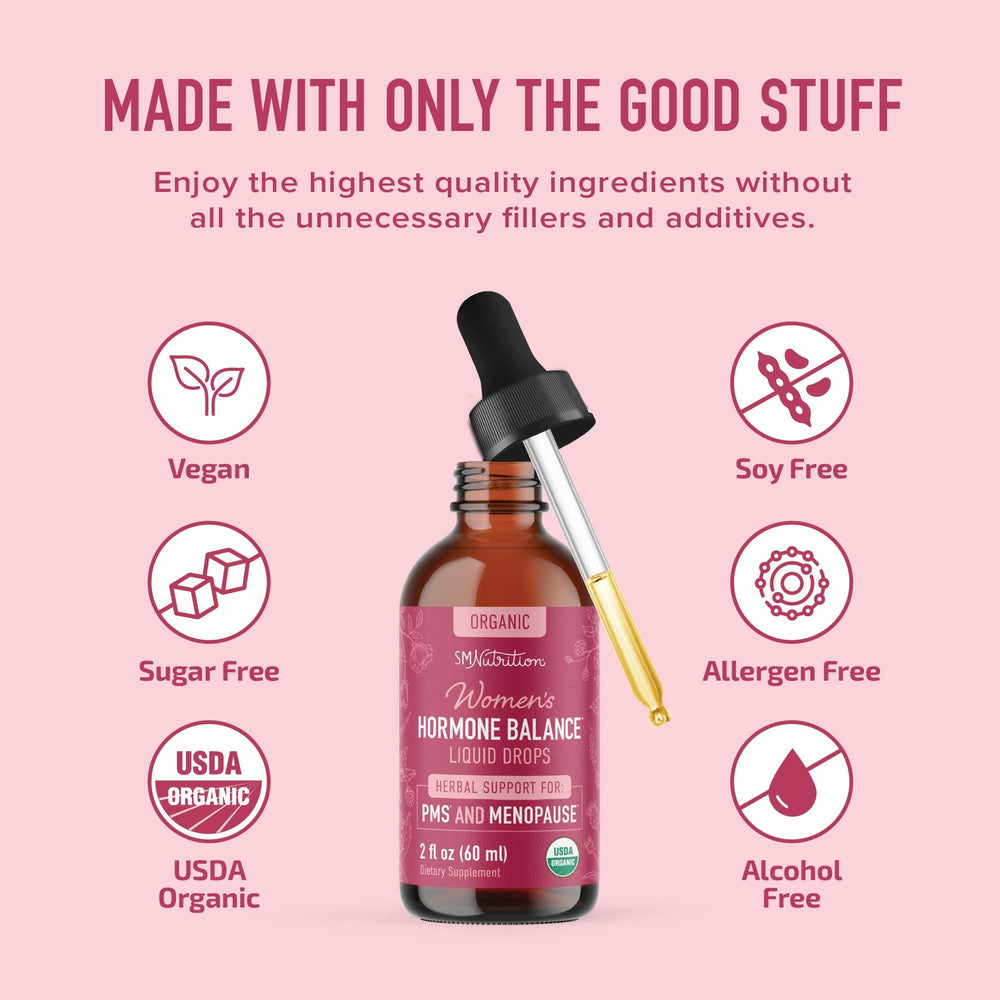 SMNutrition Hormone Balance Liquid Drops meadowsweet herb focus suggests soothing relief.