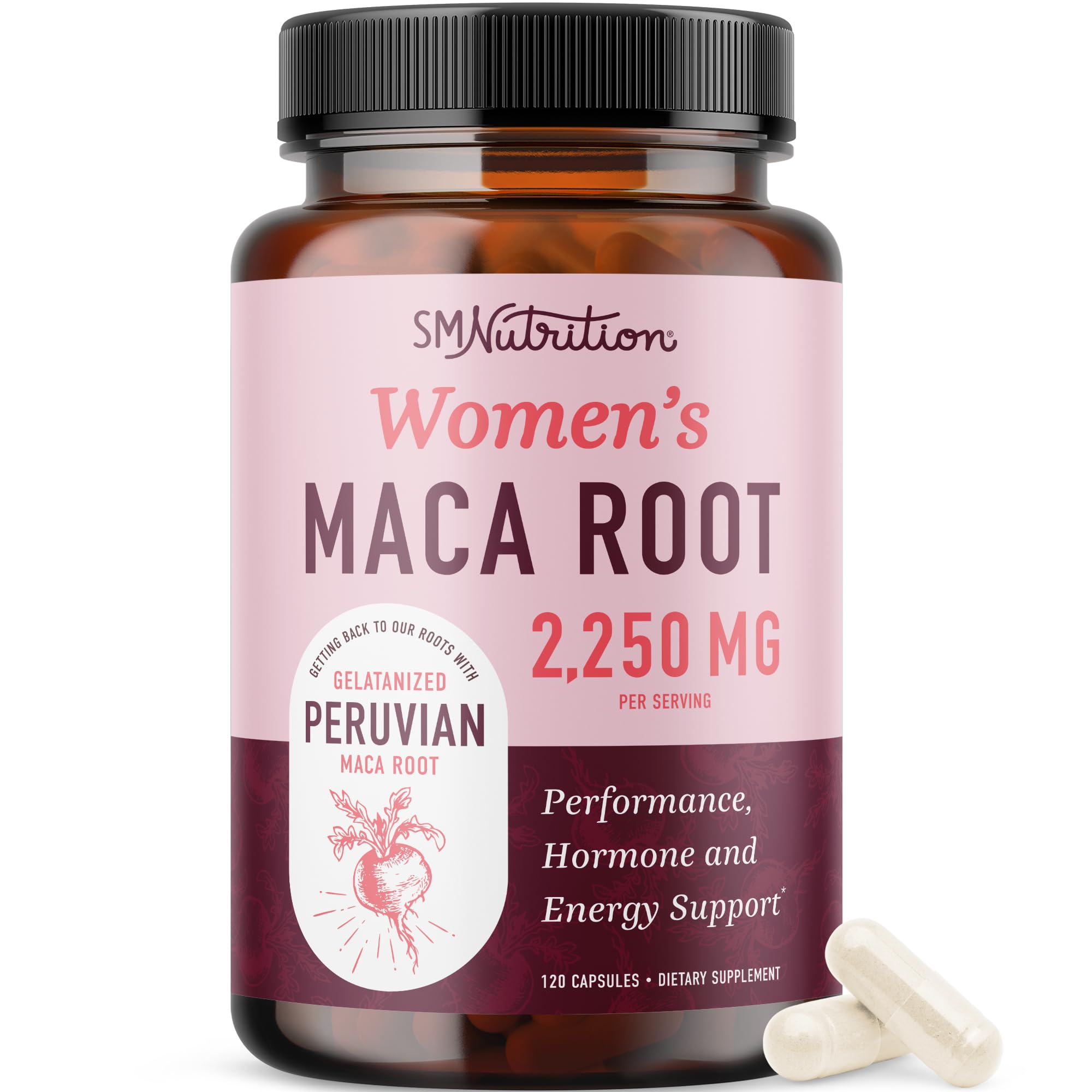SMNutrition maca women's bottle highlights energy-supporting supplement for daily life.