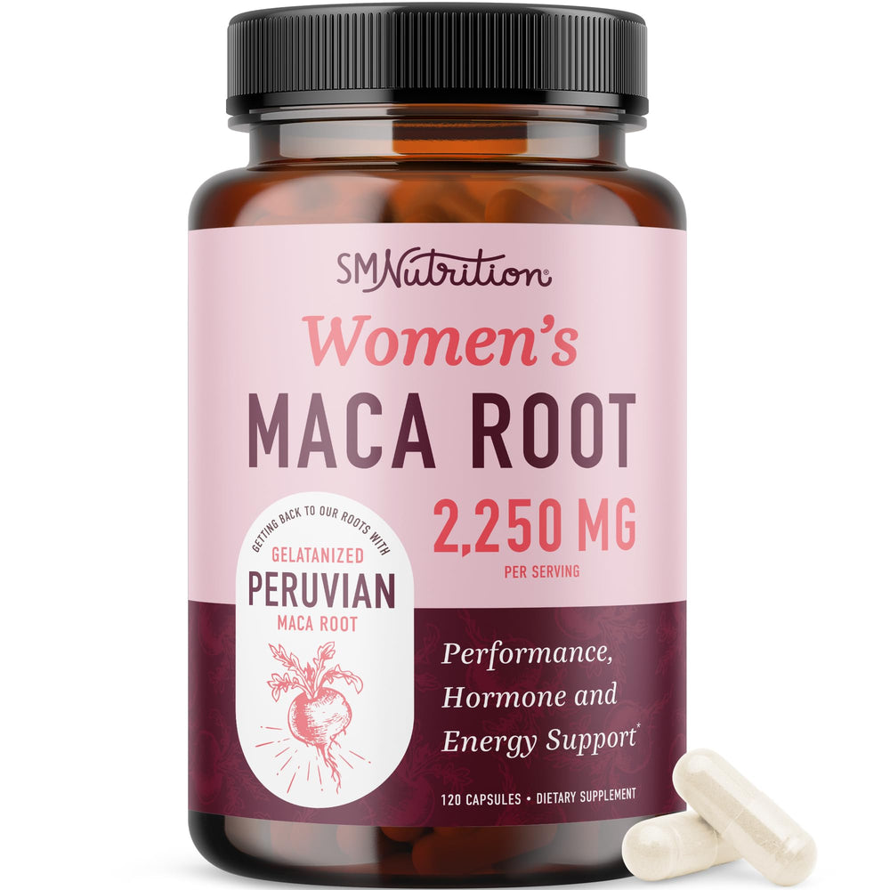 SMNutrition maca women's bottle highlights energy-supporting supplement for daily life.