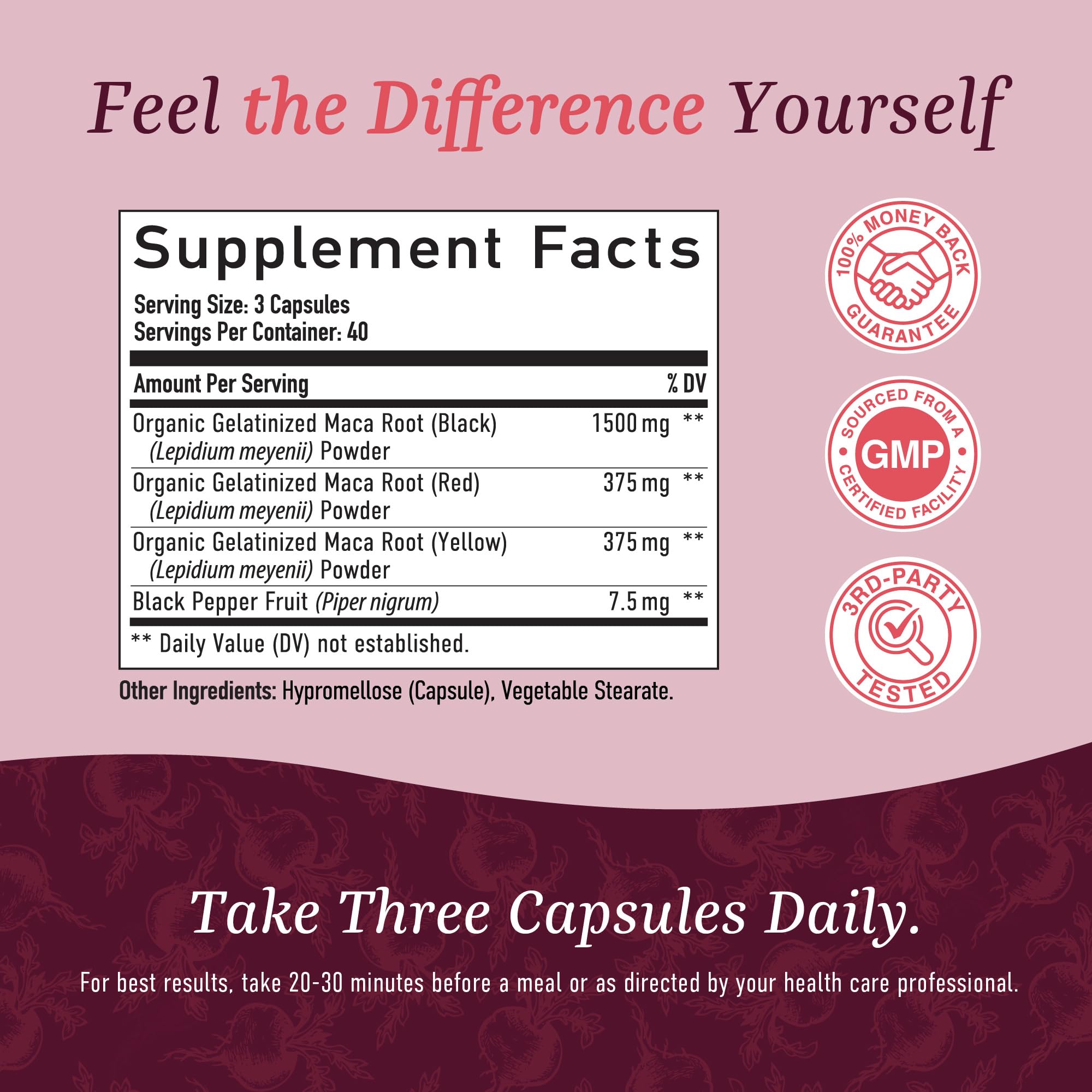 SMNutrition maca women's capsules closeup highlights easy-to-take capsules for sustained energy.