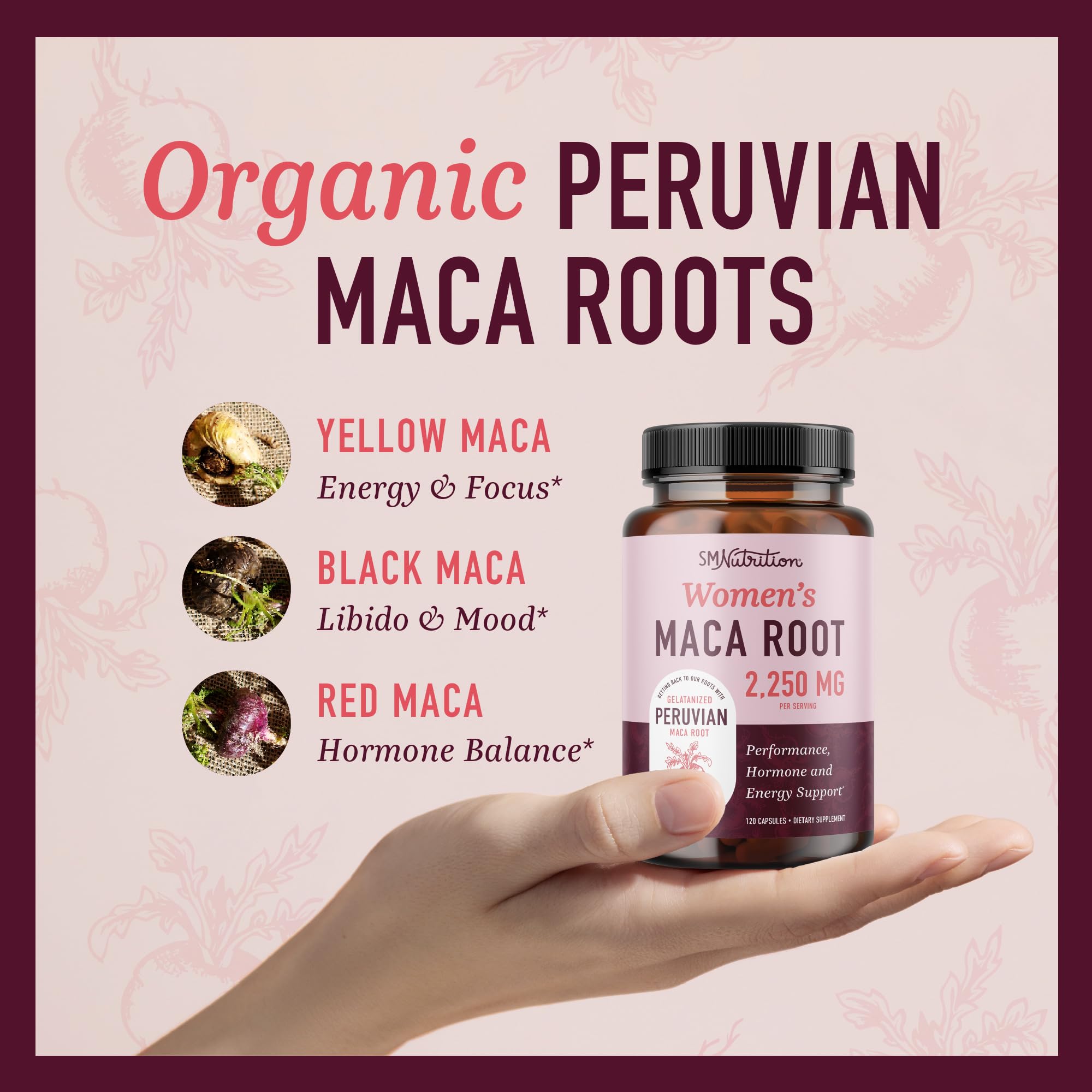SMNutrition maca yellow root closeup emphasizes versatile energy-boosting powder blend.