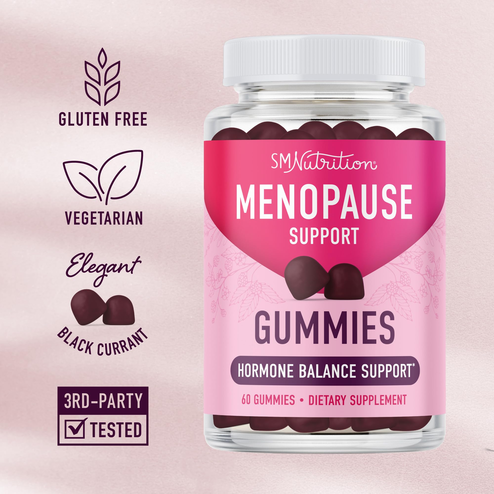SMNutrition Menopause Support Gummies gluten-free vegetarian badge close-up for clean daily wellness.