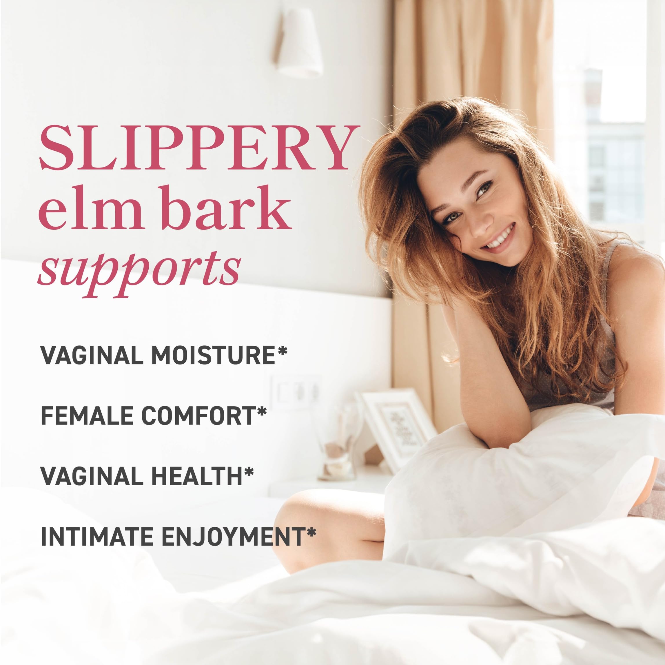 SMNutrition Slippery Elm Women capsules closeup highlights daily hydration for comfort.