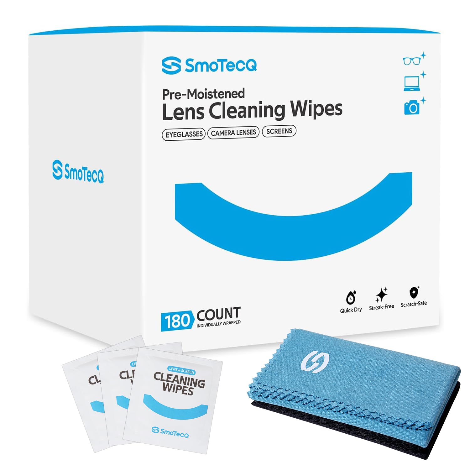 SmoTecQ Eyeglass Cleaning Wipes Kit with 180 pre-moistened wipes