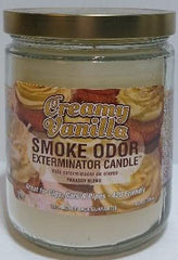 Close-up of creamy vanilla label on 13 oz jar candle