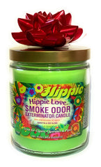 Close-up of Smoke Odor Exterminator Hippie Love 13 oz jar label