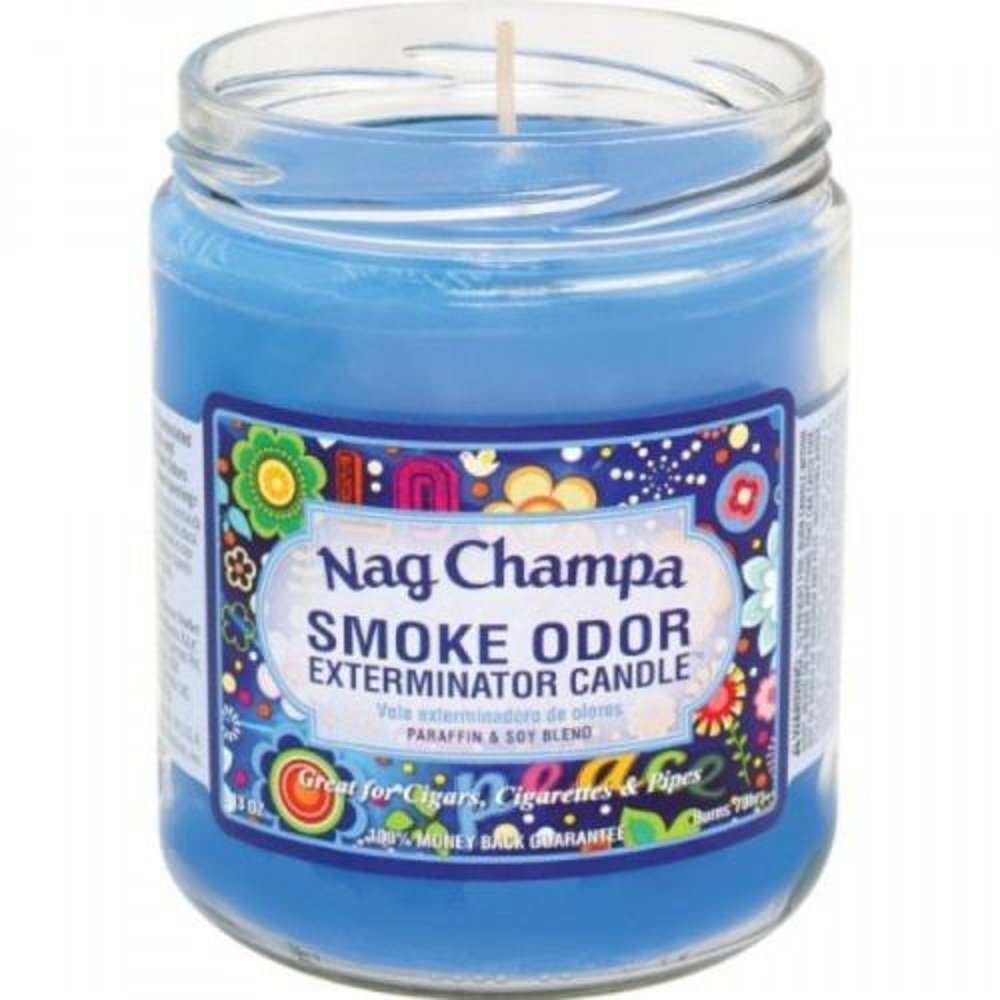 13 oz jar candle burning with Nag Champa scent