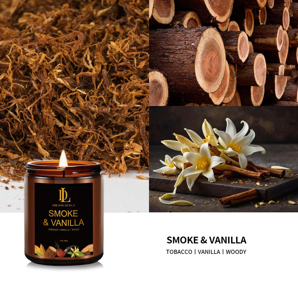 Close-up of Smoke & Vanilla natural soy candle with soft glow