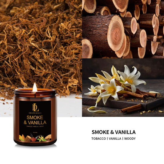 Close-up of Smoke & Vanilla natural soy candle with soft glow