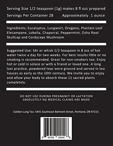Close-up of the eleven herbs used in Smokers Tea & Lung Powder (eucalyptus, oregano, peppermint, lobelia, chaparral, elecampane, lungwort, plantain leaf, osha root, skullcap, cordyceps)