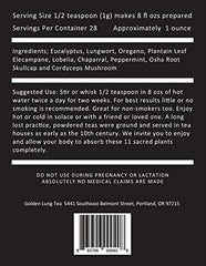 Close-up of the eleven herbs used in Smokers Tea & Lung Powder (eucalyptus, oregano, peppermint, lobelia, chaparral, elecampane, lungwort, plantain leaf, osha root, skullcap, cordyceps)