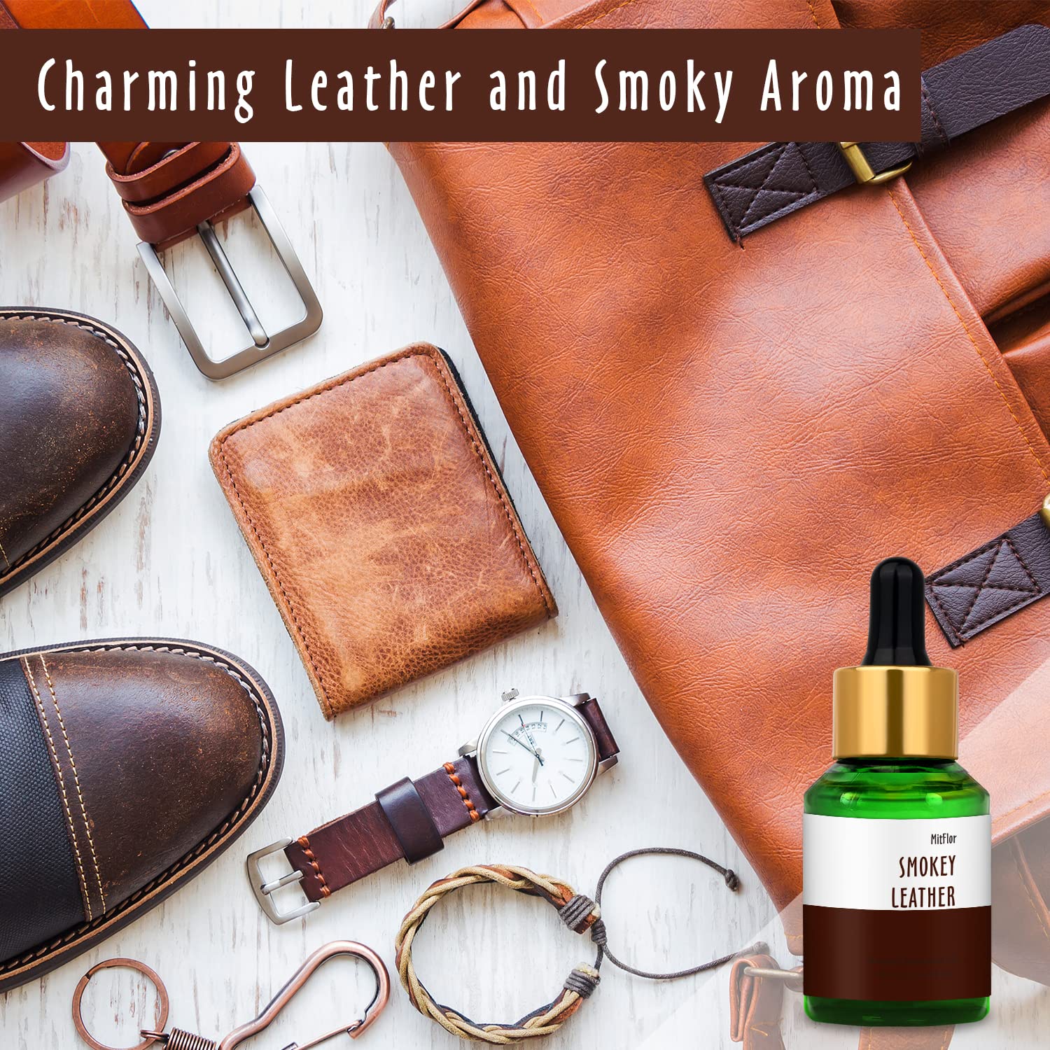 Close-up of smoky leather fragrance notes in the oil