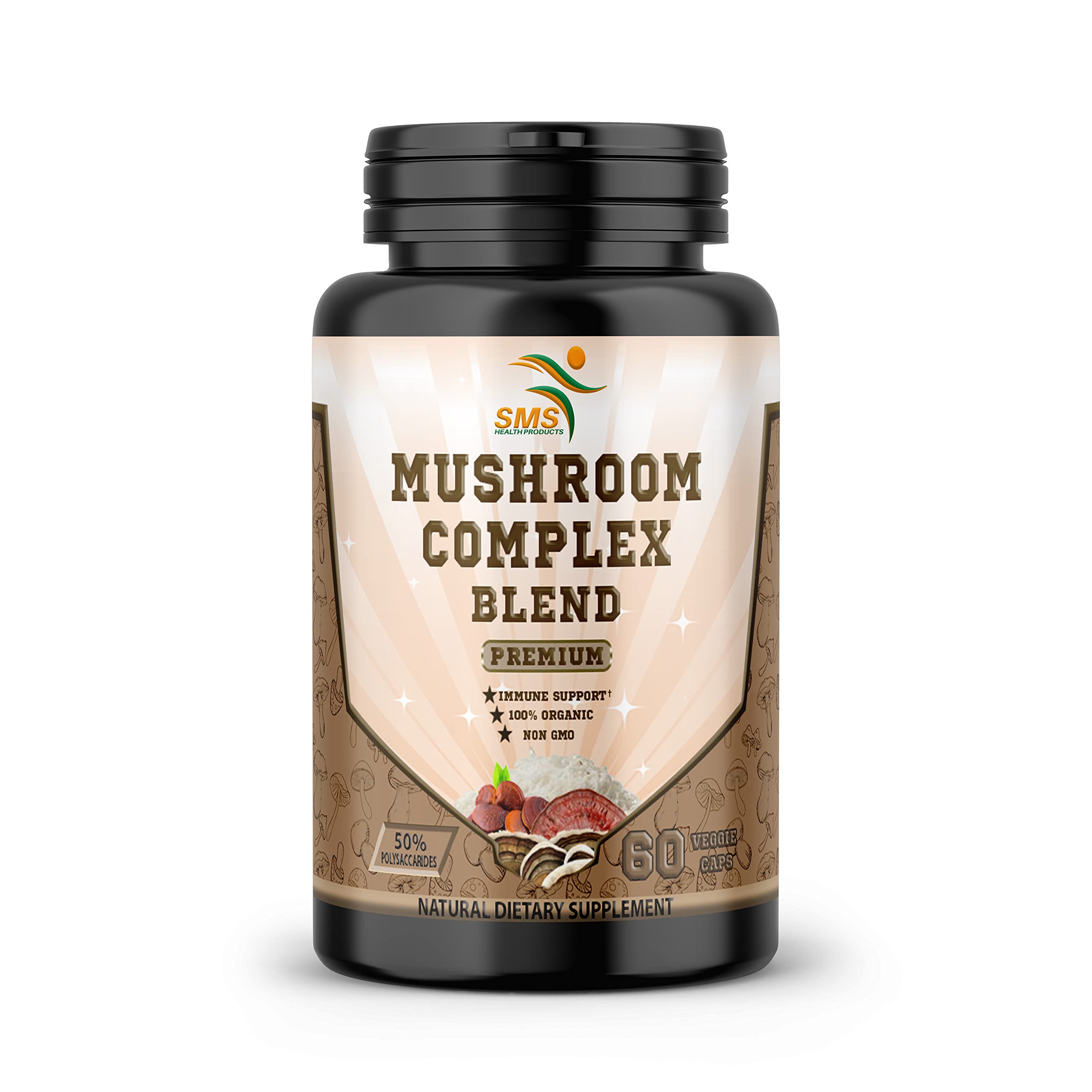 Front view of SMSHEALTH Mushroom Capsule bottle with 60 vegan capsules