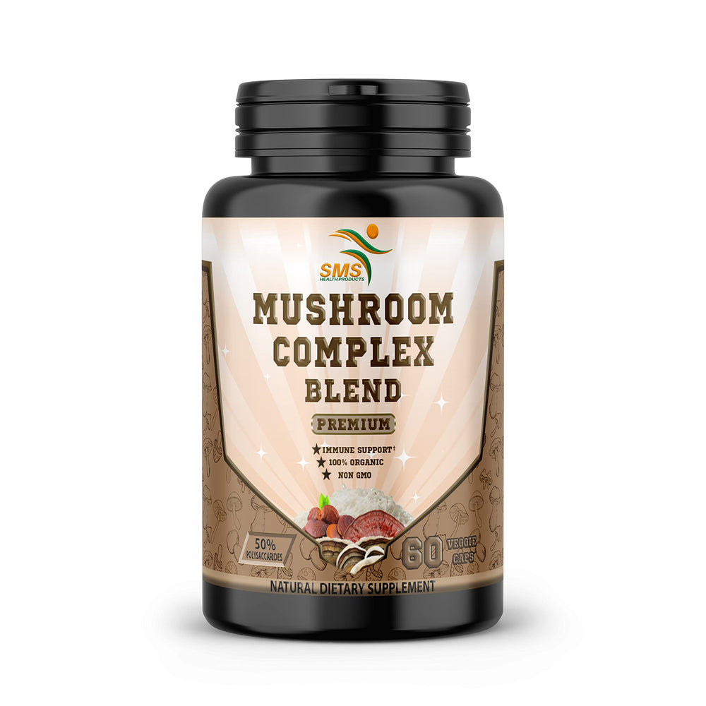 Front view of SMSHEALTH Mushroom Capsule bottle with 60 vegan capsules