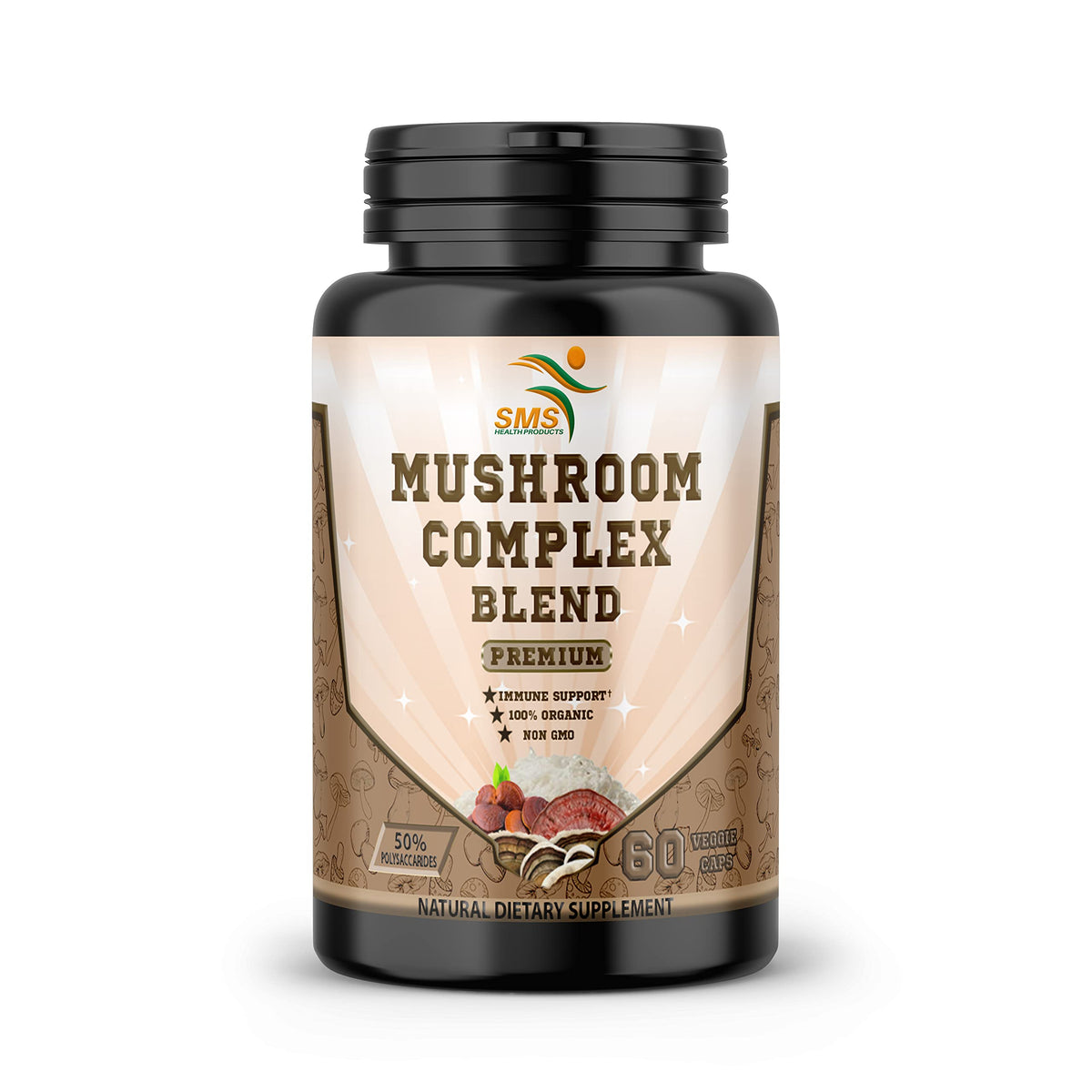 Front view of SMSHEALTH Mushroom Capsule bottle with 60 vegan capsules