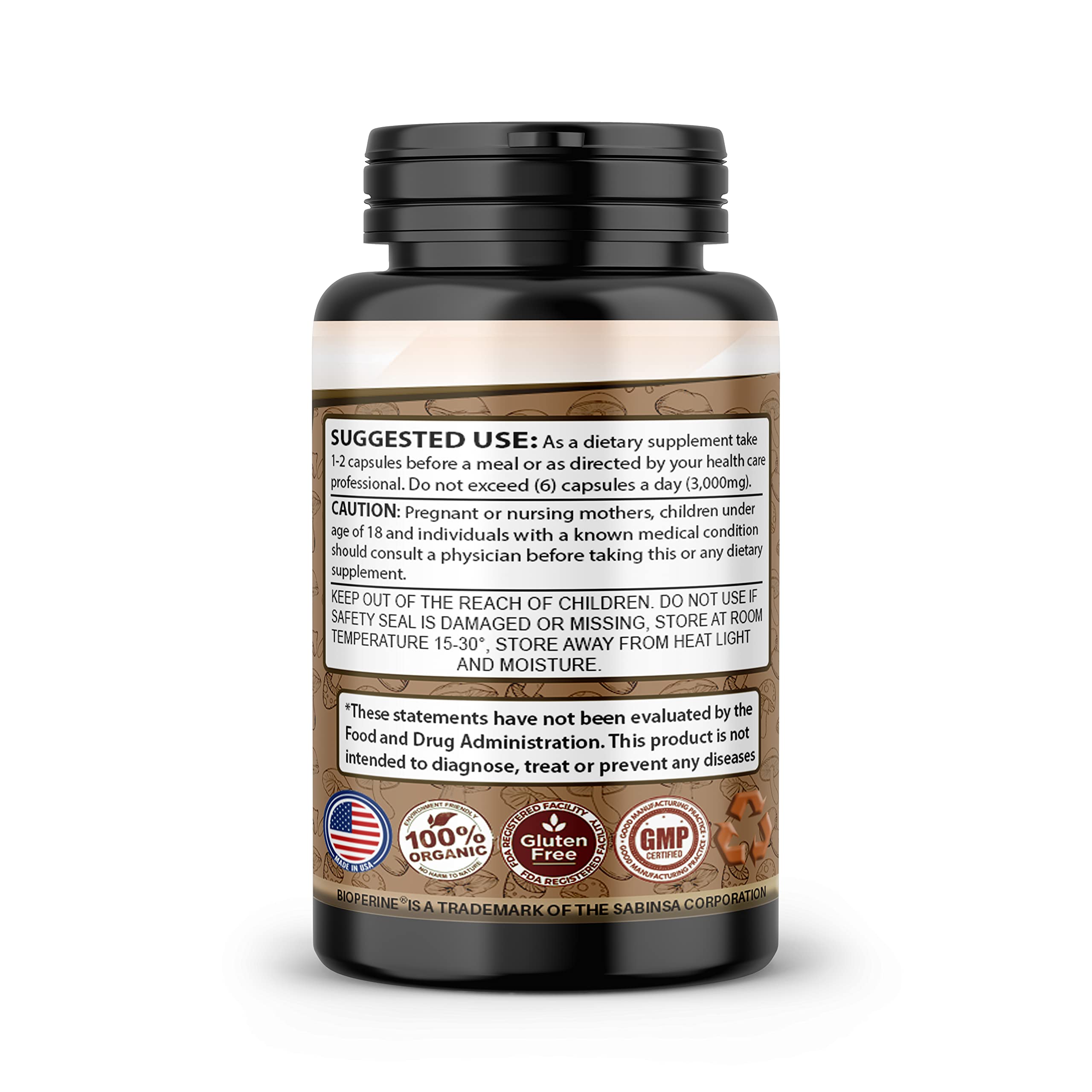 Bottle label showing 2000mg daily and 50% polysaccharides
