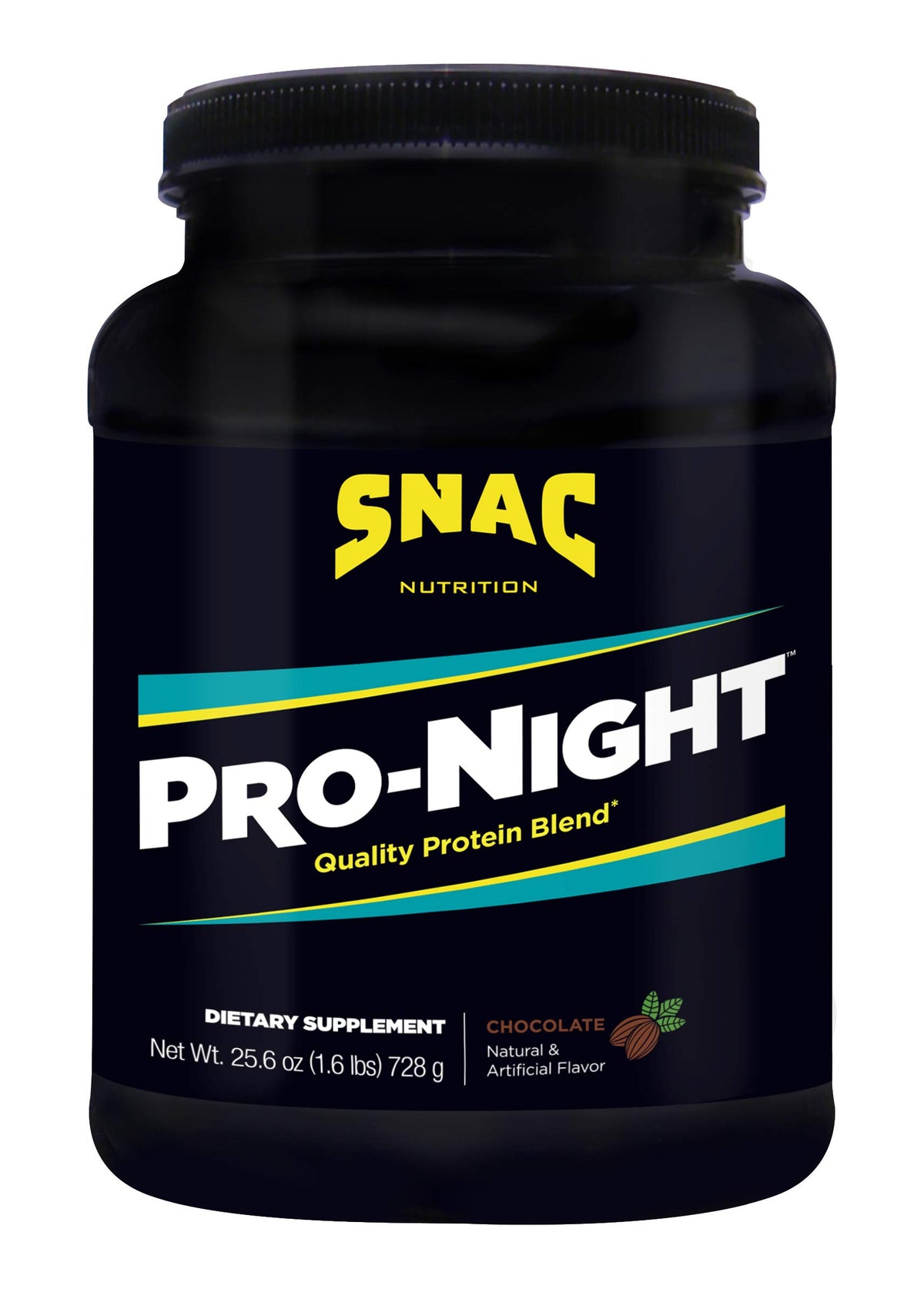 SNAC Pro-Night Chocolate protein powder bottle front label