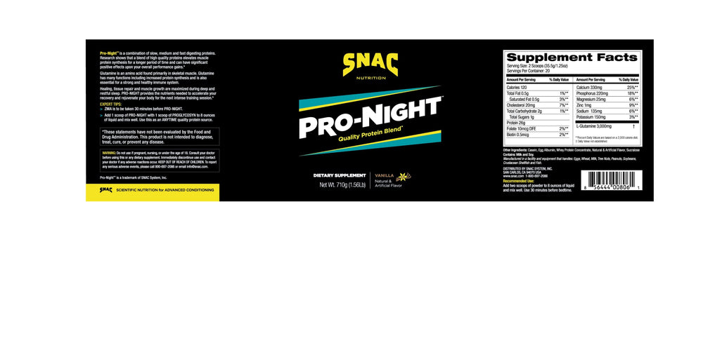 Back view of SNAC Pro-Night Vanilla packaging showing ingredients