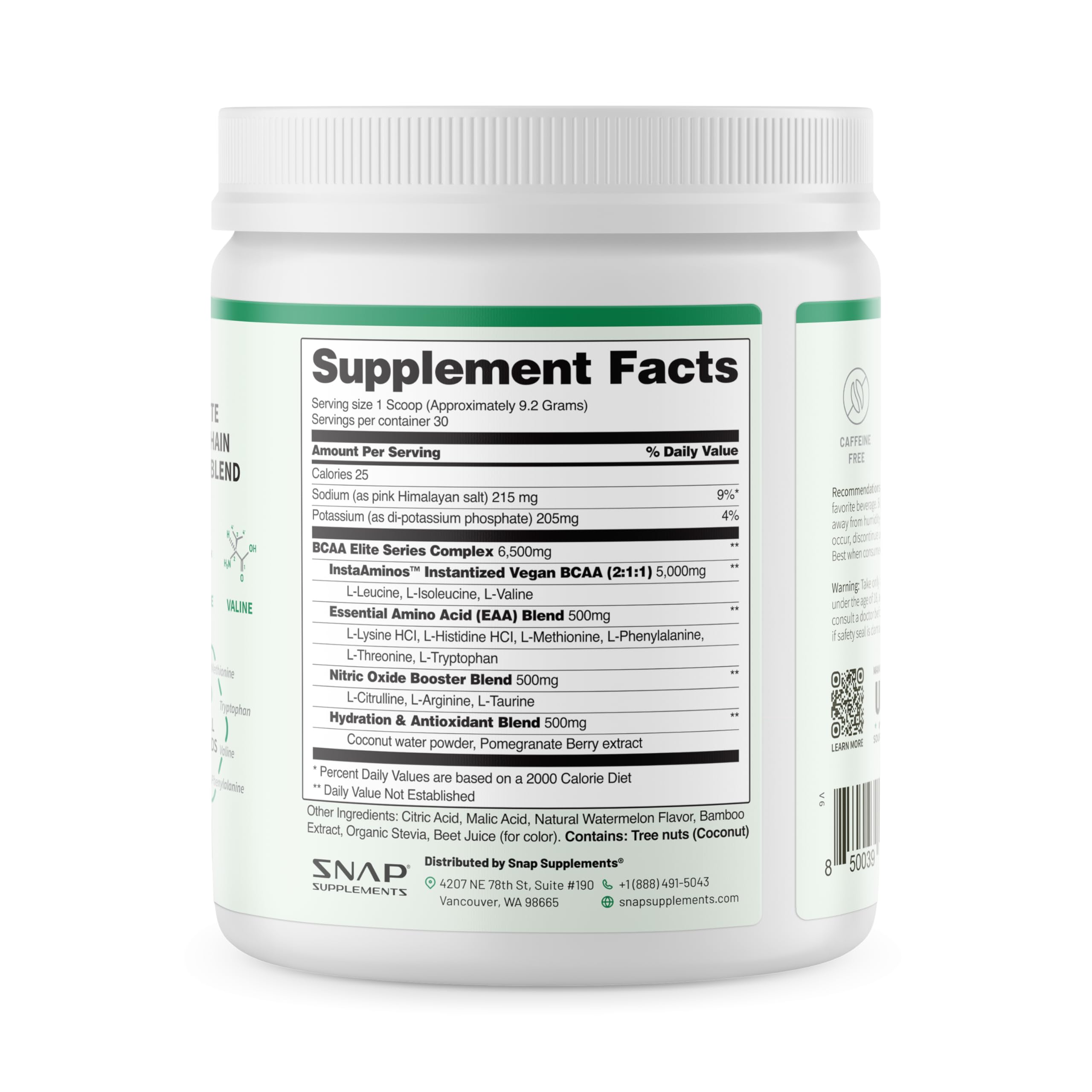 Product packaging for Snap BCAA Powder with label