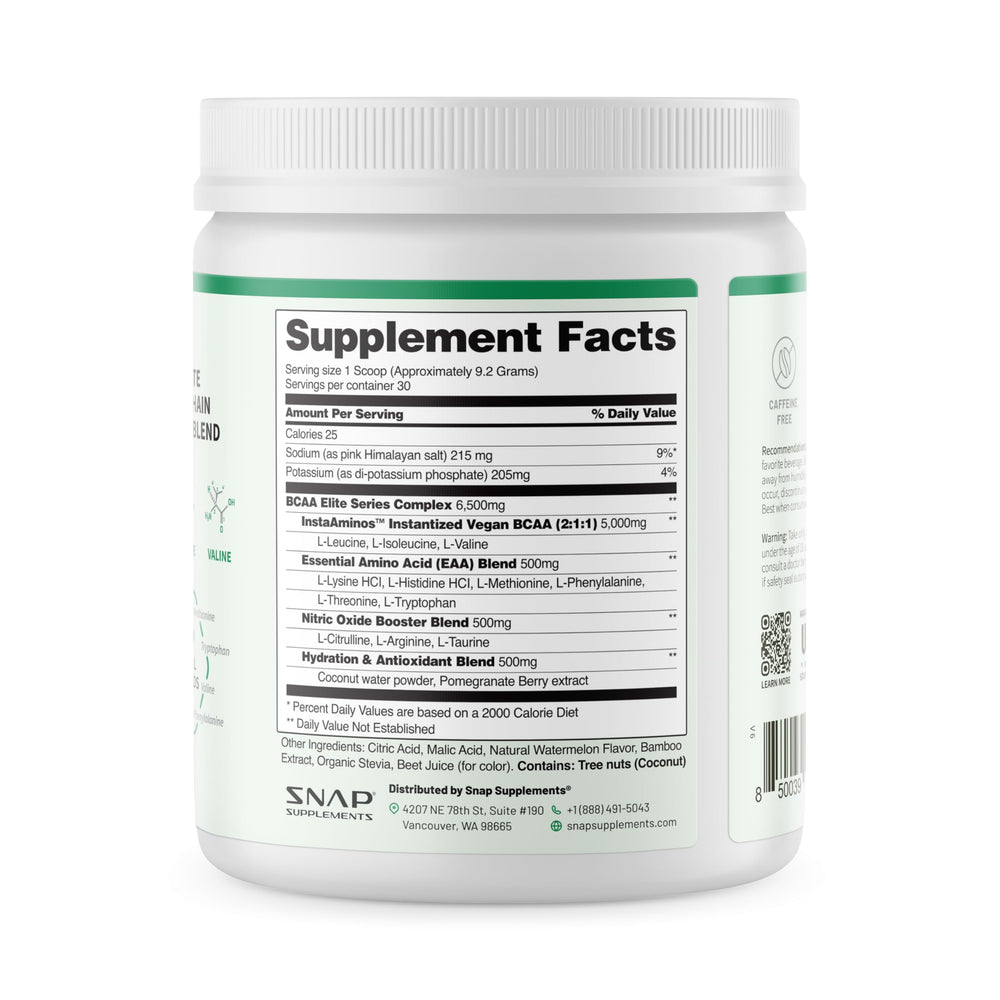 Product packaging for Snap BCAA Powder with label