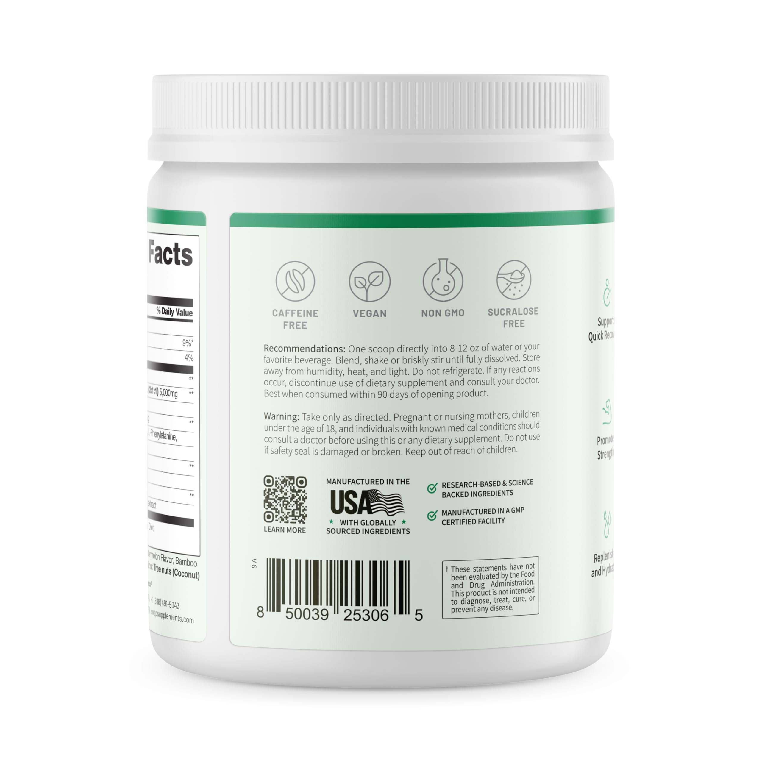 Pre-workout supplement setup featuring Snap BCAA Powder