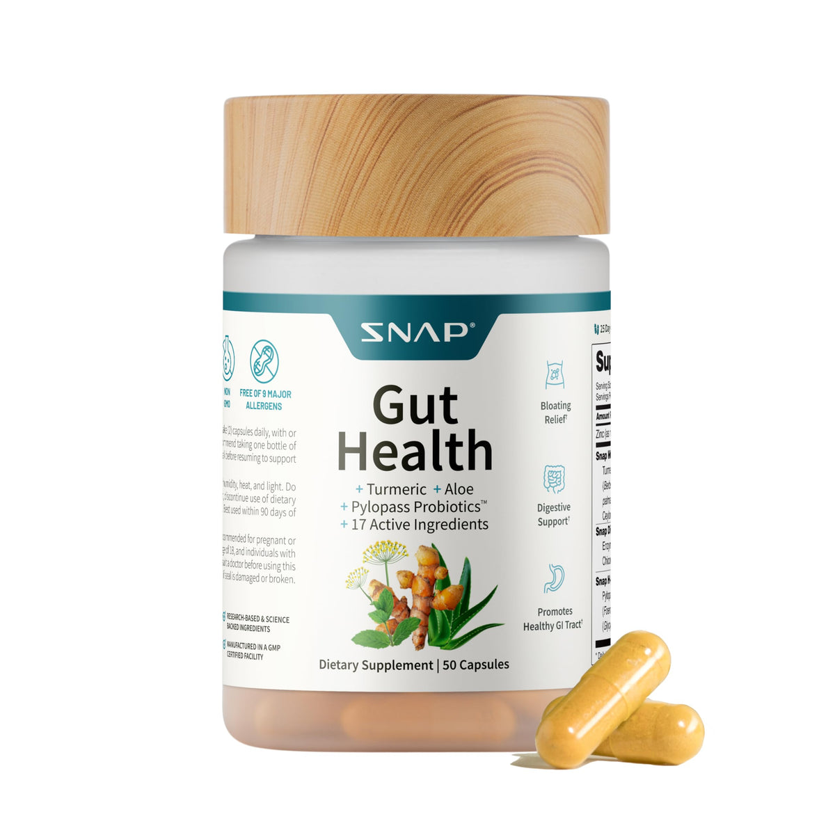 Bottle of SNAP Gut Health Supplement with Turmeric, Aloe & Pylopass Probiotics, 50 capsules