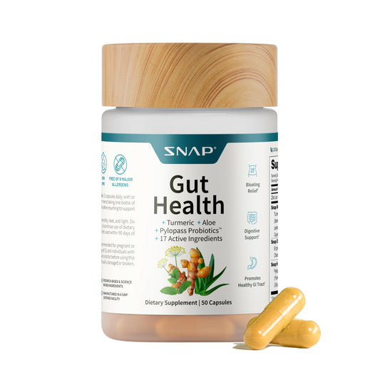 Bottle of SNAP Gut Health Supplement with Turmeric, Aloe & Pylopass Probiotics, 50 capsules