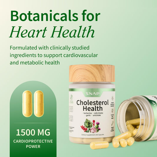 Close-up of front label on Snap Supplements Cholesterol Health bottle