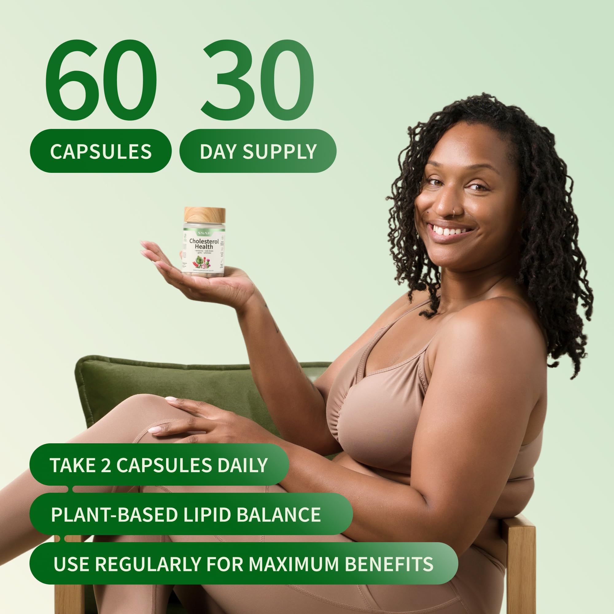 Vegan and non-GMO symbols near Snap Supplements Cholesterol Health