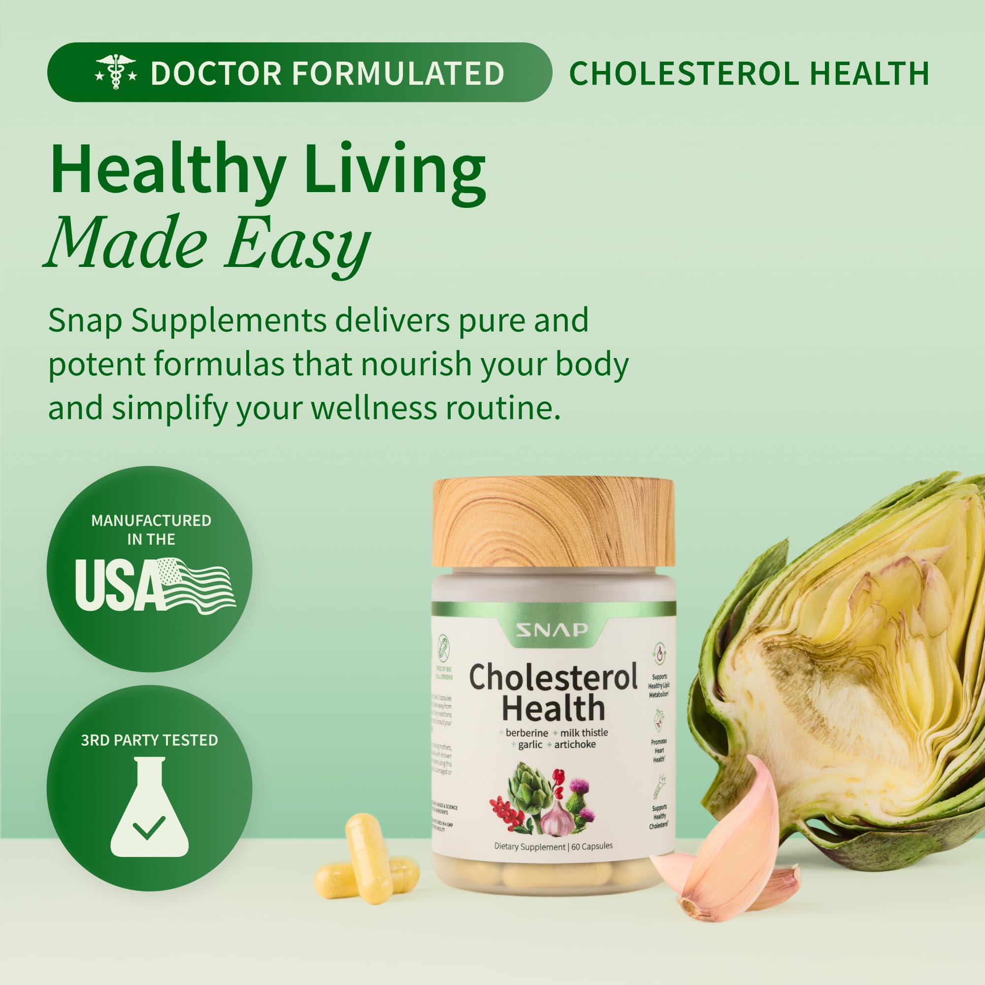 Bottle showing 60 vegetarian capsules for Snap Supplements Cholesterol Health