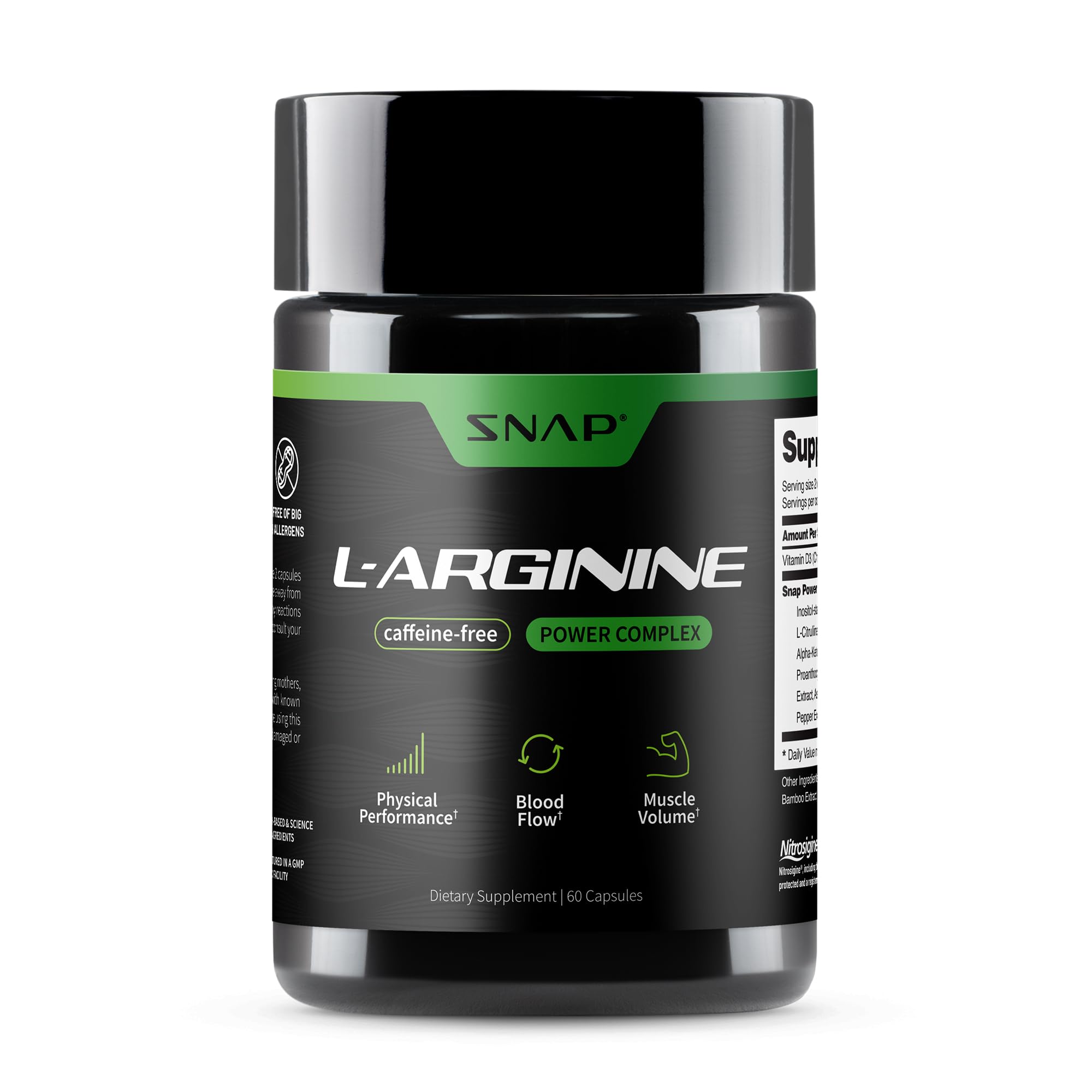Bottle of Snap Supplements L Arginine Capsules on a white surface