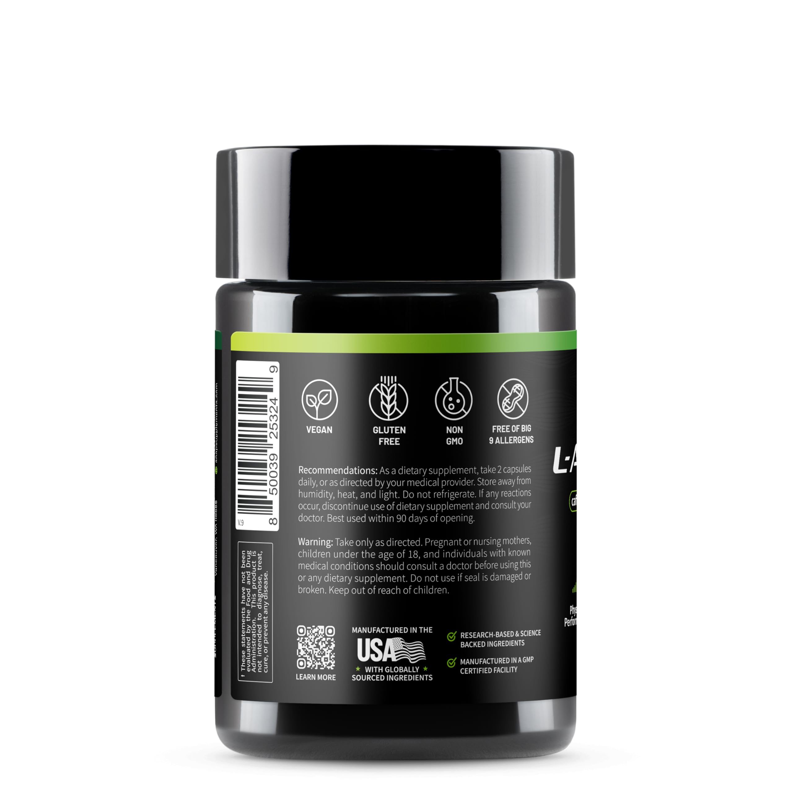 Label on vegan-friendly L Arginine Capsules bottle
