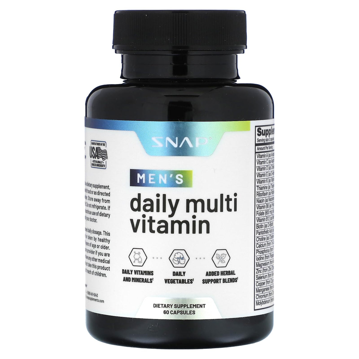Snap Supplements Men's Multivitamins bottle, 60 capsules
