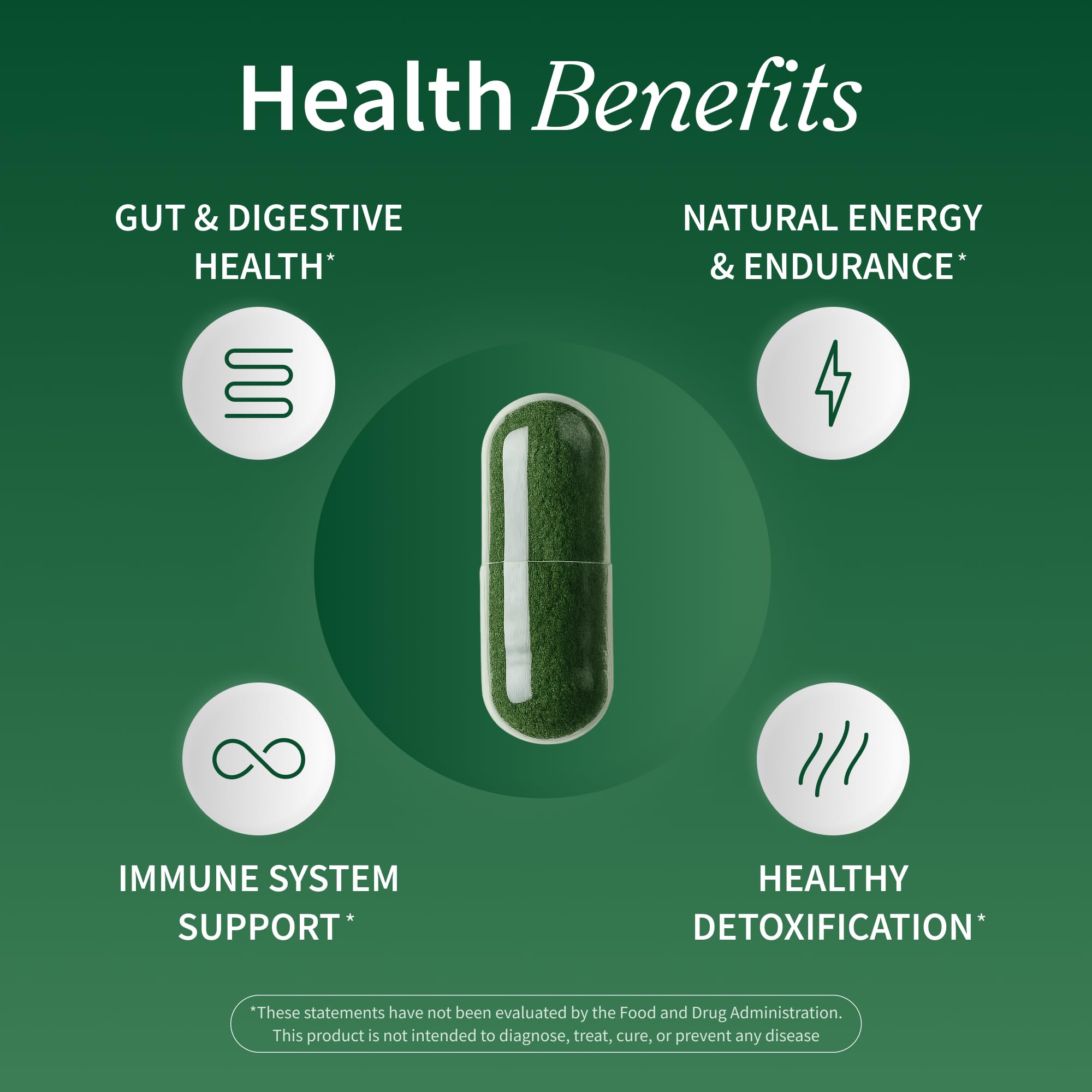 Close-up of spirulina and chlorella capsules