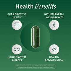 Close-up of spirulina and chlorella capsules