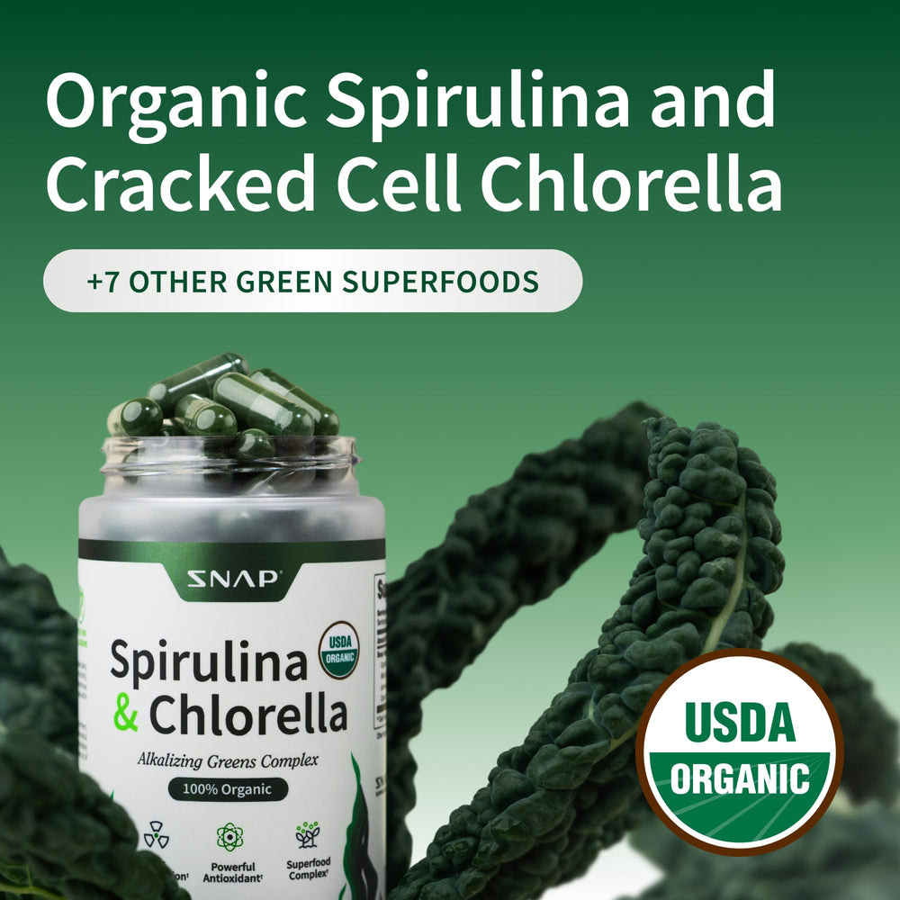 Ingredients panel featuring spirulina, chlorella, alfalfa, and wheatgrass