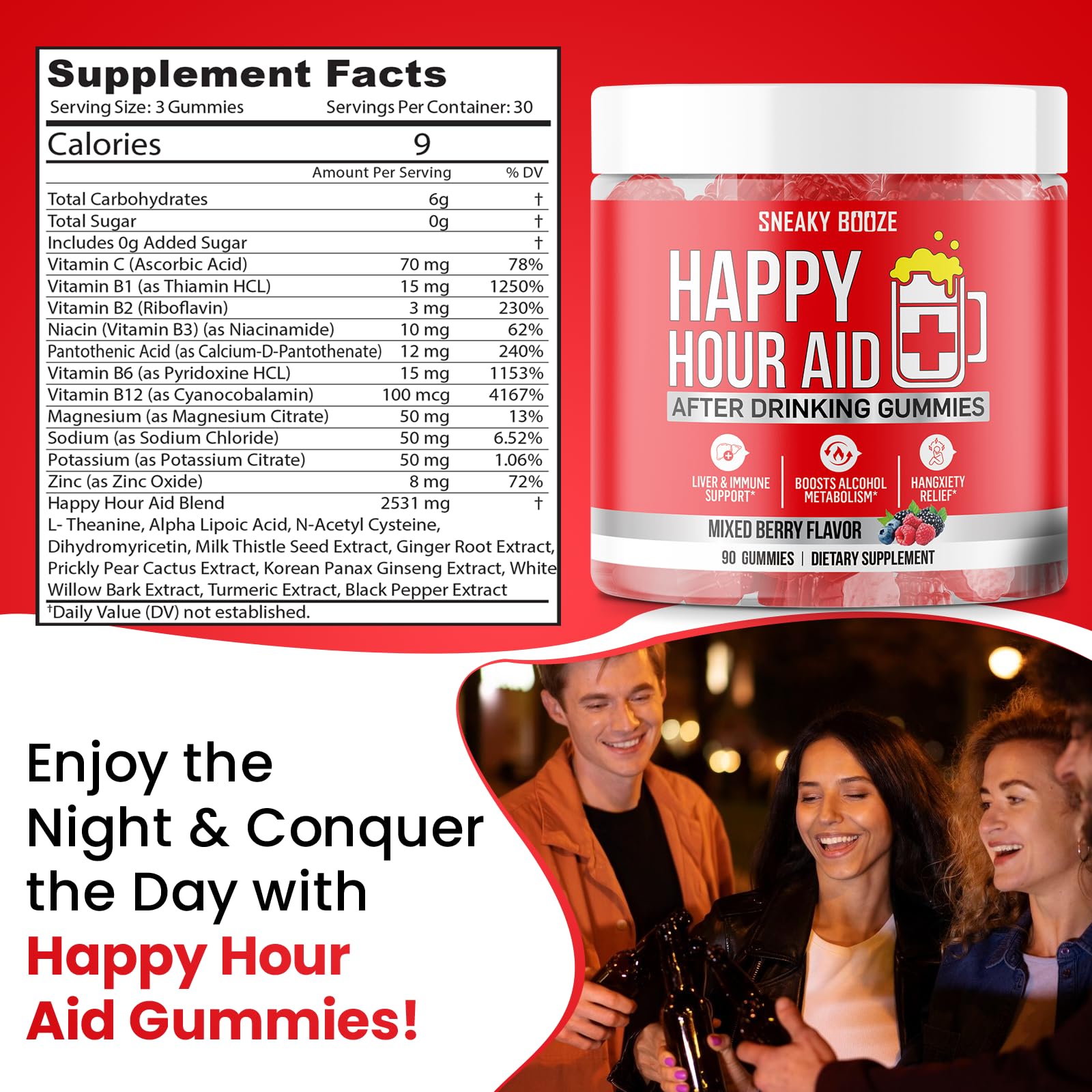 Three Sneaky Booze gummies illustrating daily dose suggestion.
