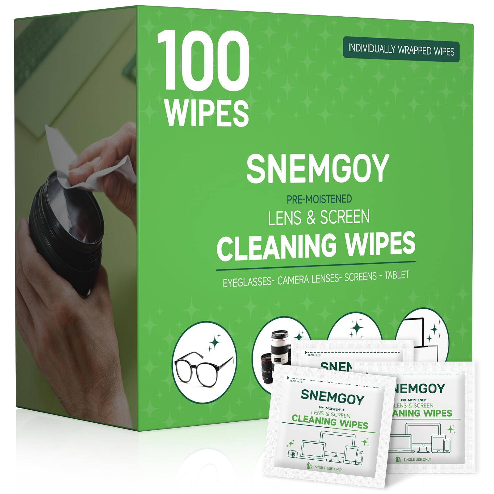 SNEMGOY 100 count lens cleaning wipes – front view