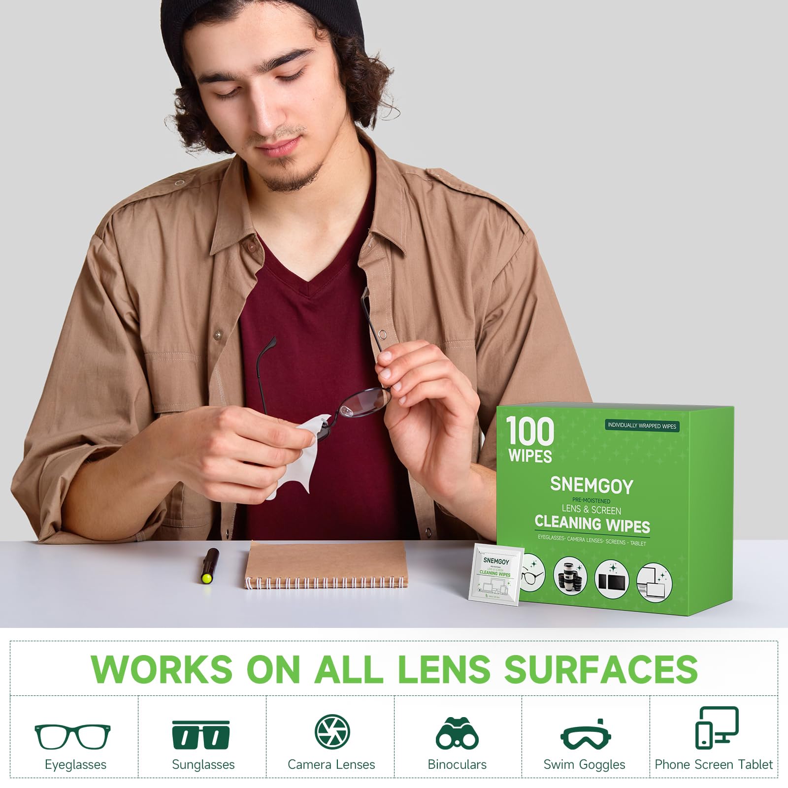 What you get: 100 count SNEMGOY lens cleaning wipes