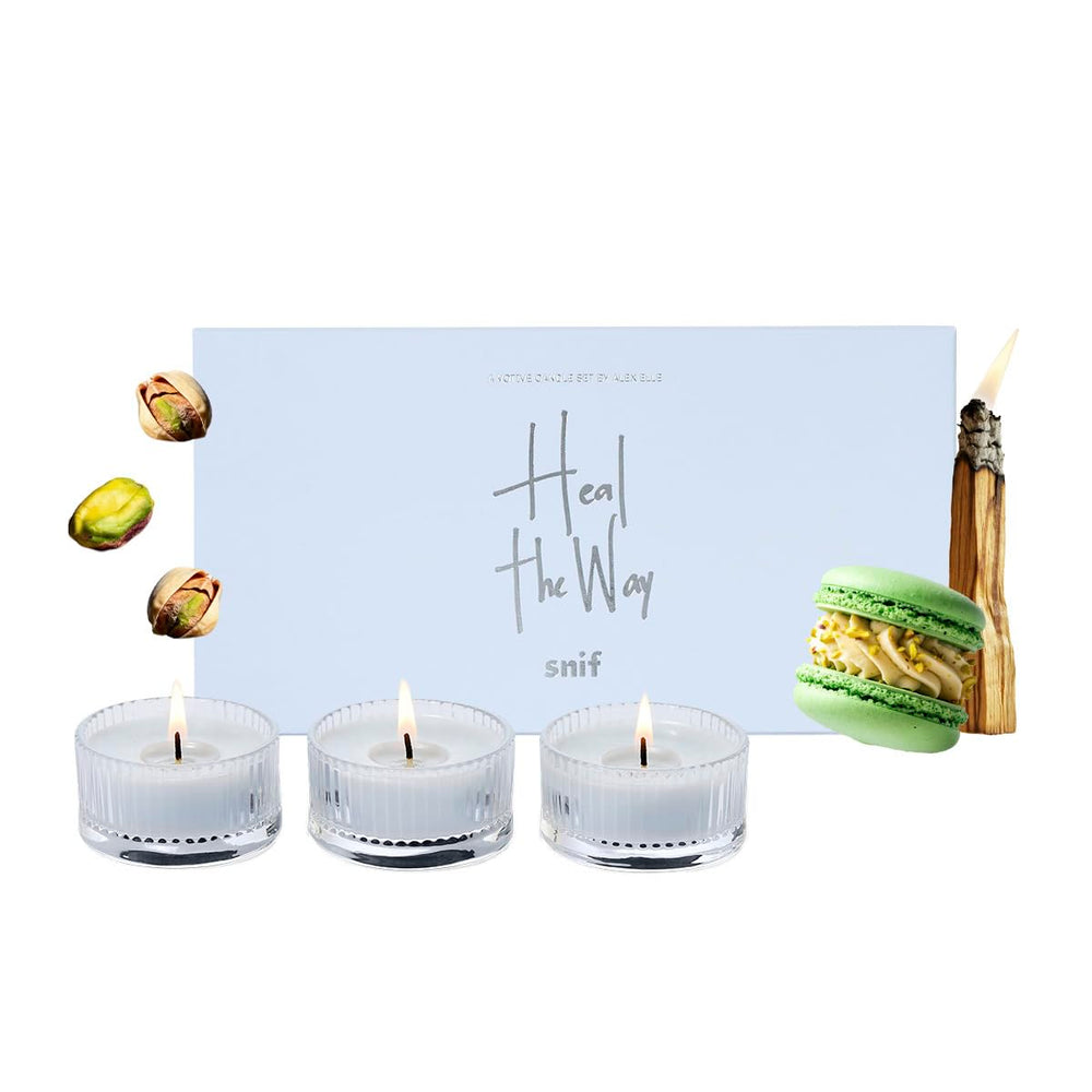 Snif Heal The Way Votive packaging signals premium vegan luxury, great for gifting.